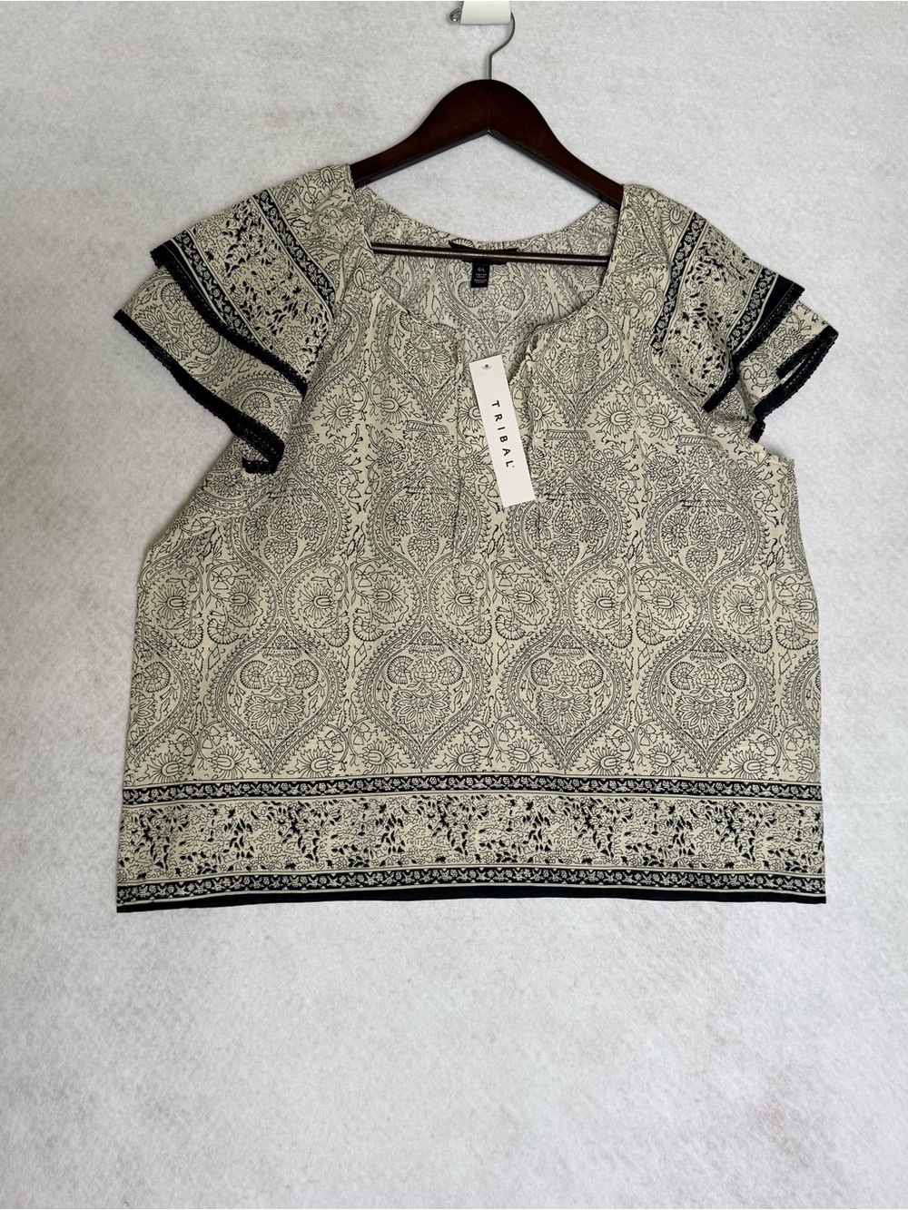 Tribal Printed Blouse Cream with Black Trim Rayon Cotton New size large‎